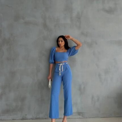 KETEN CROP KARPUZ KOL BLUZPANTOLON HASIR KEMERLİ Mavi