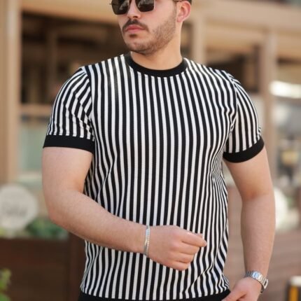 Erkek Siyah Beyaz örme Pamuklu Kumaş Kısa Kollu Tshirt