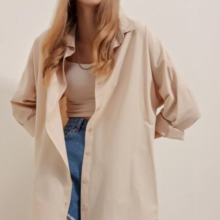 Oversize Uzun Basic Gömlek Krem