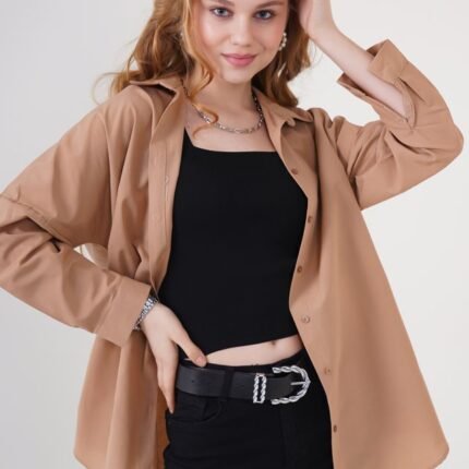 3900 Oversize Uzun Basic Gömlek - Camel