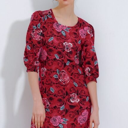 Bordo Gül Desenli Midi Elbise