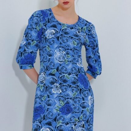Saks Gül Desenli Midi Elbise