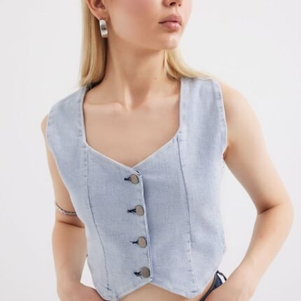 Crop Kot Yelek Mavi