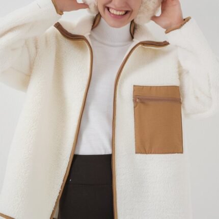 Fermuarlı Oversize Peluş Ceket Mont Camel