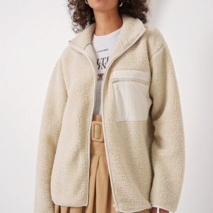 Fermuarlı Oversize Peluş Ceket Mont Krem