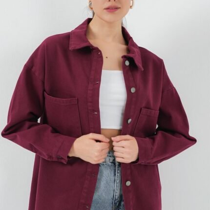 Oversize Gabardin Gömlek Ceket Bordo