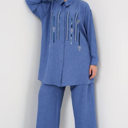 Desenli Tunik Pantolon İkili Takım İndigo