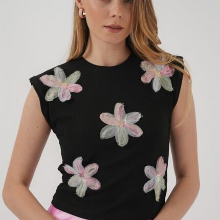 Kısa Kol Desenli Crop Bluz Siyah