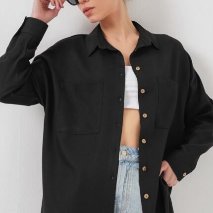 Oversize Keten Gömlek Siyah