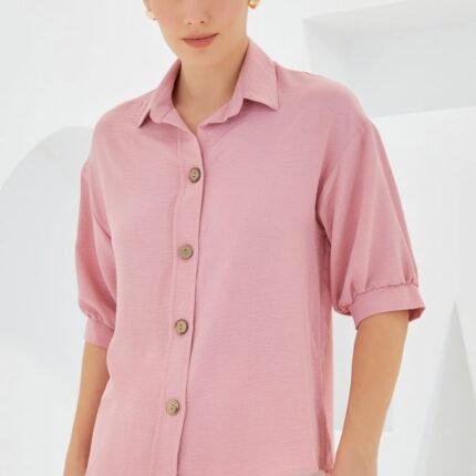 Pembe Kısa Kol Oversize Keten Gömlek