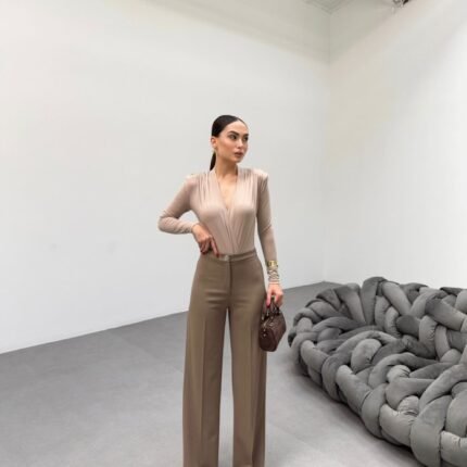 Gr Poly Viscose Lycra Metal Düğme Palazzo Pantolon