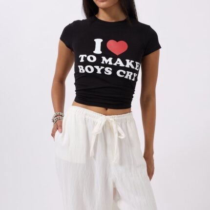 Nakış Detay Baskılı Crop TShirt
