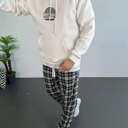 Erkek Baskılı Üç İplik Kapüşonlu Oversize Sweatshirt Beyaz
