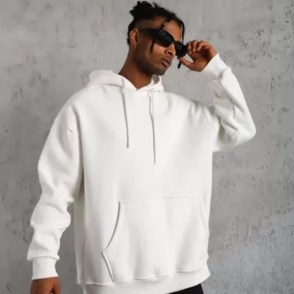 Erkek Düz Kapüşonlu Sweat Beyaz