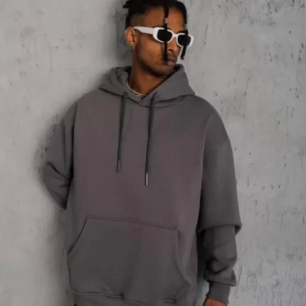Erkek Düz Kapüşonlu Sweat Gri