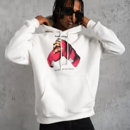 Erkek Eldiven Baskılı Kapüşonlu Sweat Beyaz