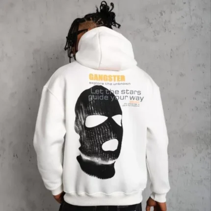 Erkek Kordonlu Maske Baskılı Kapüşonlu Sweat Beyaz