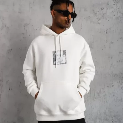 Erkek Ön Arka Baskılı Kapşonlu Sweat Beyaz
