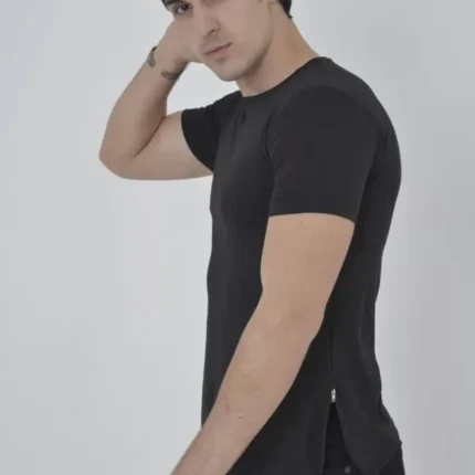 Erkek Yandan Fermuarli Slim Fit Tshirt Siyah