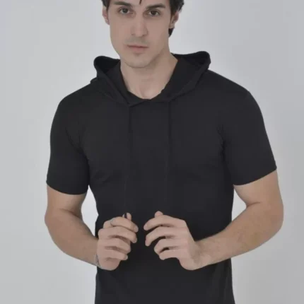 Erkek Kapşonlu Slim Fit Tshirt Siyah
