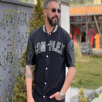 Erkek Complex Kolları Deri Kolej Oversize Tshirt Siyah
