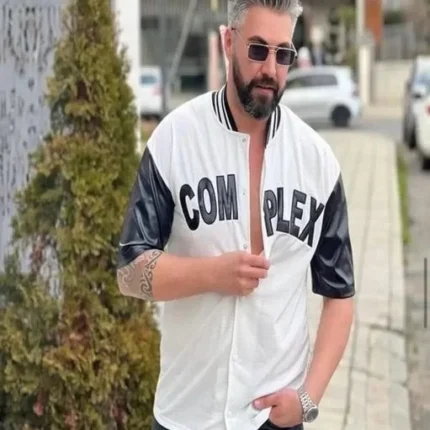 Erkek Complex Kolları Deri Kolej Oversize TShirt Beyaz