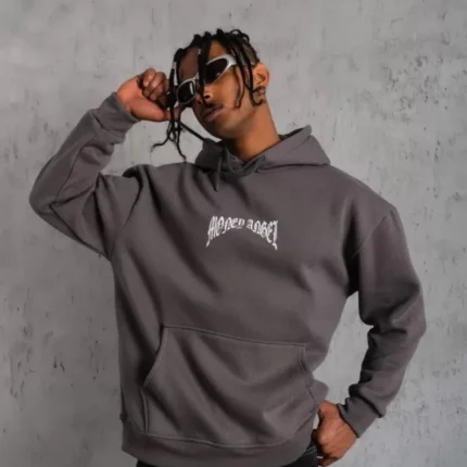 Erkek Kordon İpli Baskılı Kapüşonlu Sweatshirt Füme