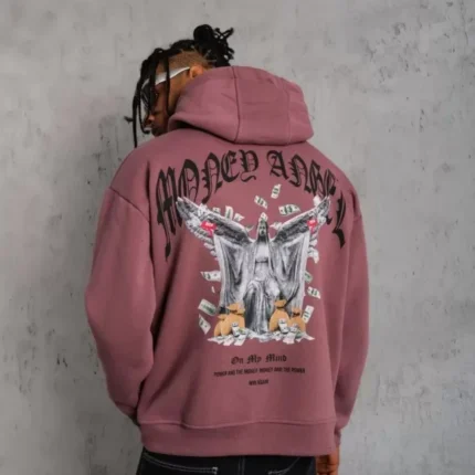 Erkek Kordon İpli Baskılı Kapüşonlu Sweatshirt Gül Kurusu