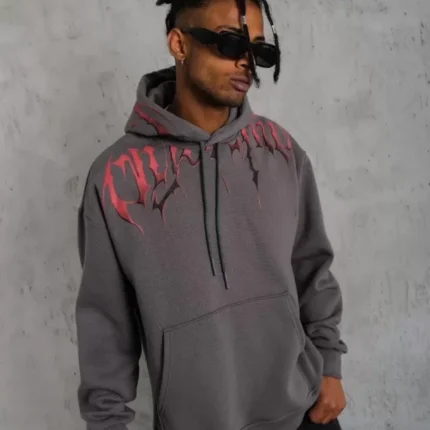 Erkek Ön Ve Arka Baskılı Kapüşonlu İplik Sweatshirt Füme