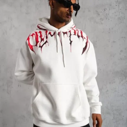Erkek Ön Ve Arka Baskılı Kapüşonlu İplik Sweatshirt Beyaz