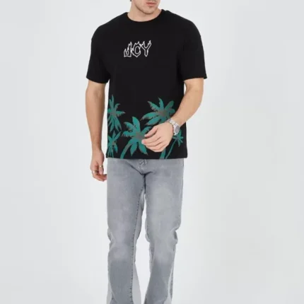 Erkek Baskılı Bisiklet Yaka TShirt Siyah