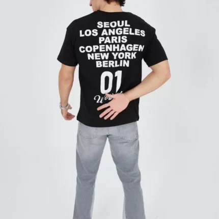 Erkek Bisiklet Yakalı Baskılı TShirt Siyah