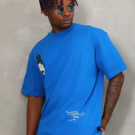 Unisex Oversize Baskılı Bisiklet Yaka TShirt Mavi