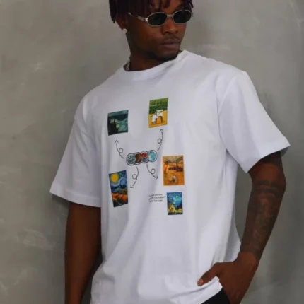 Unisex Oversize Baskılı Bisiklet Yaka TShirt Beyaz