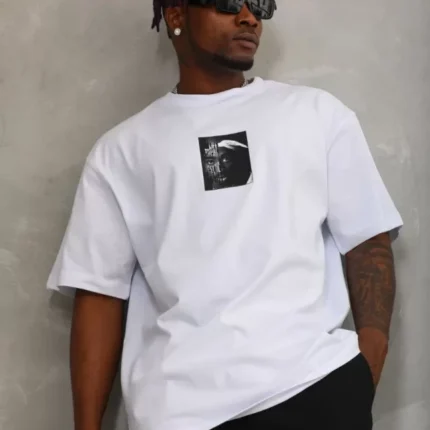 Unisex Oversize Baskılı Bisiklet Yaka TShirt Beyaz
