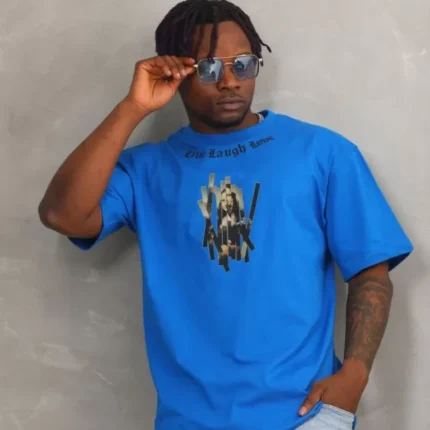 Unisex Oversize Baskılı Bisiklet Yaka TShirt Mavi