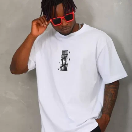 Unisex Oversize Baskılı Bisiklet Yaka TShirt Beyaz