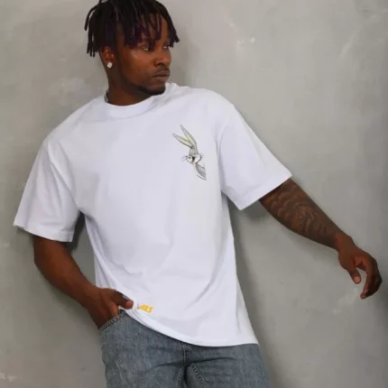 Unisex Oversize Baskılı Bisiklet Yaka TShirt Beyaz
