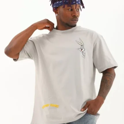 Unisex Oversize Baskılı Bisiklet Yaka TShirt Gri