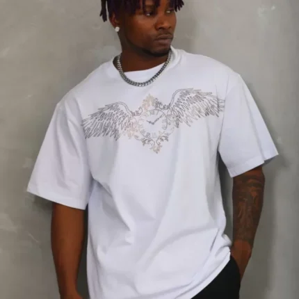 Unisex Oversize Taşlı Bisiklet Yaka TShirt Beyaz