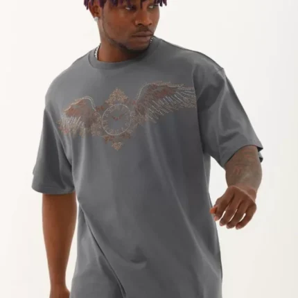 Unisex Oversize Taşlı Bisiklet Yaka TShirt Füme