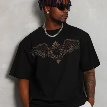 Unisex Oversize Taşlı Bisiklet Yaka TShirt Siyah