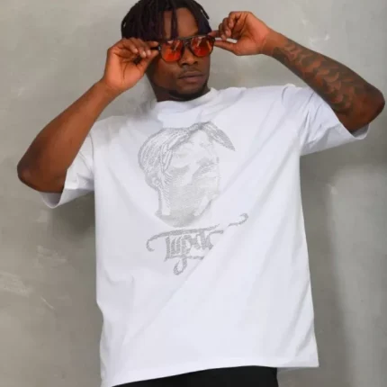 Unisex Oversize Taşlı Bisiklet Yaka TShirt Beyaz