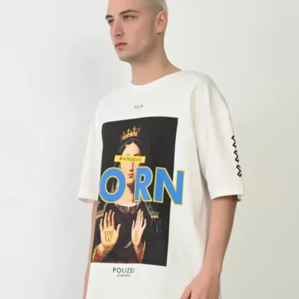 Unisex Baskılı Bisiklet Yaka Oversize TShirt Beyaz