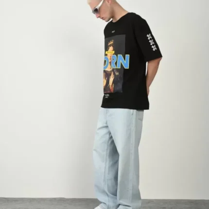 Unisex Baskılı Bisiklet Yaka Oversize TShirt Siyah