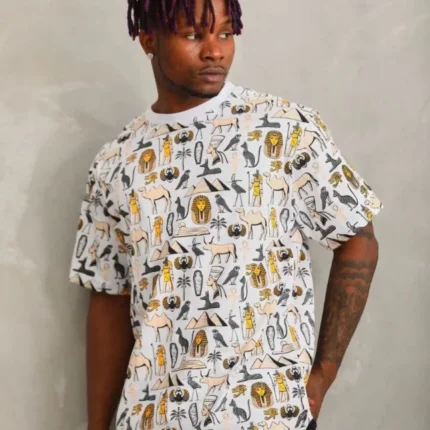 Unisex Oversize Baskılı Bisiklet Yaka TShirt Beyaz