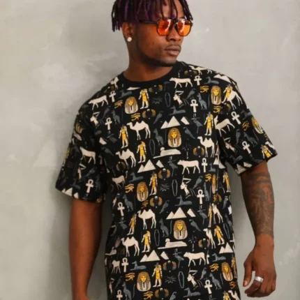 Unisex Oversize Baskılı Bisiklet Yaka TShirt Siyah