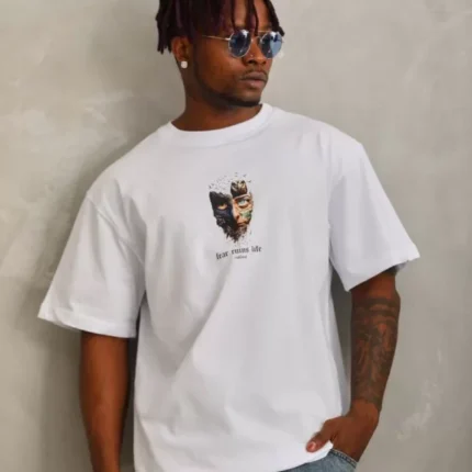 Unisex Oversize Baskılı Bisiklet Yaka TShirt Beyaz
