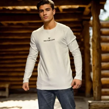 Unisex Bisiklet Yaka Uzun Kollu TShirt Beyaz