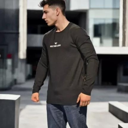 Unisex Bisiklet Yaka Uzun Kollu TShirt Siyah